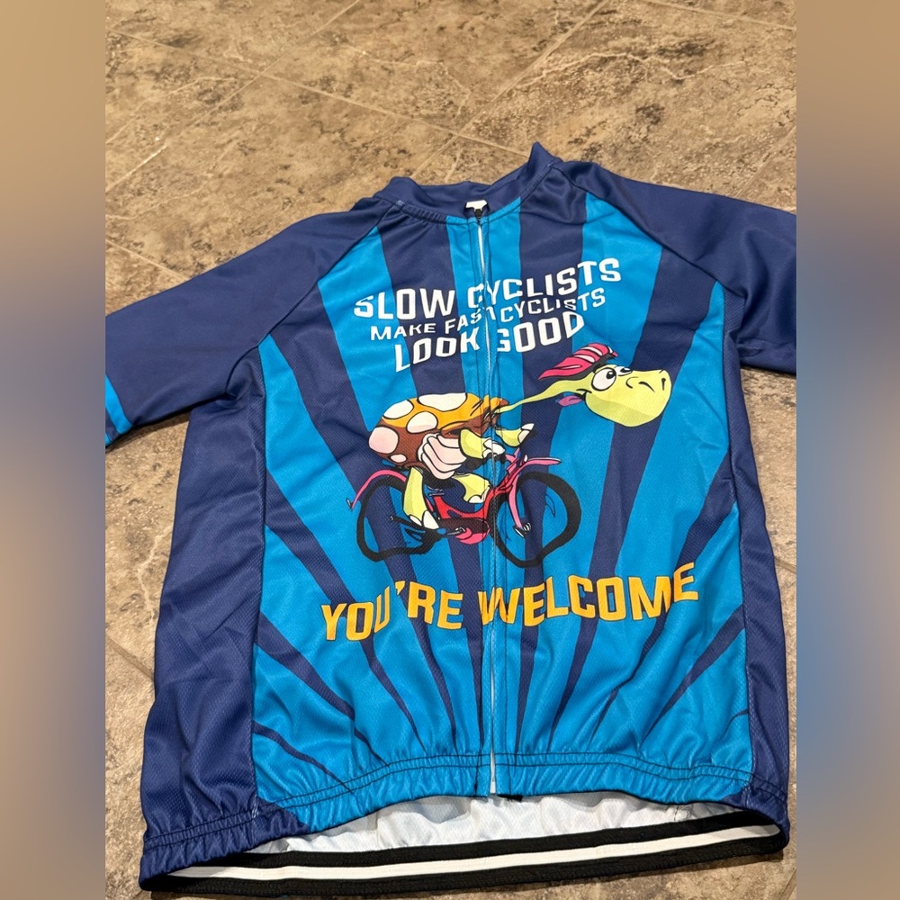 NWOT Blue Cycling Jersey with Turtle Rider Graphic